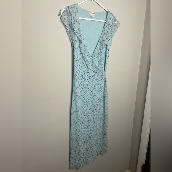 Vintage Y2K Guess Jeans Ruffle Light Blue Floral Print Midi Dress Size Small/6 - Picture 2 of 11